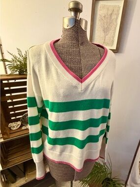 AJC Women’s Comfy Green Pink Striped V-Neck Sweater Ribbed Knit Pullover SMALL